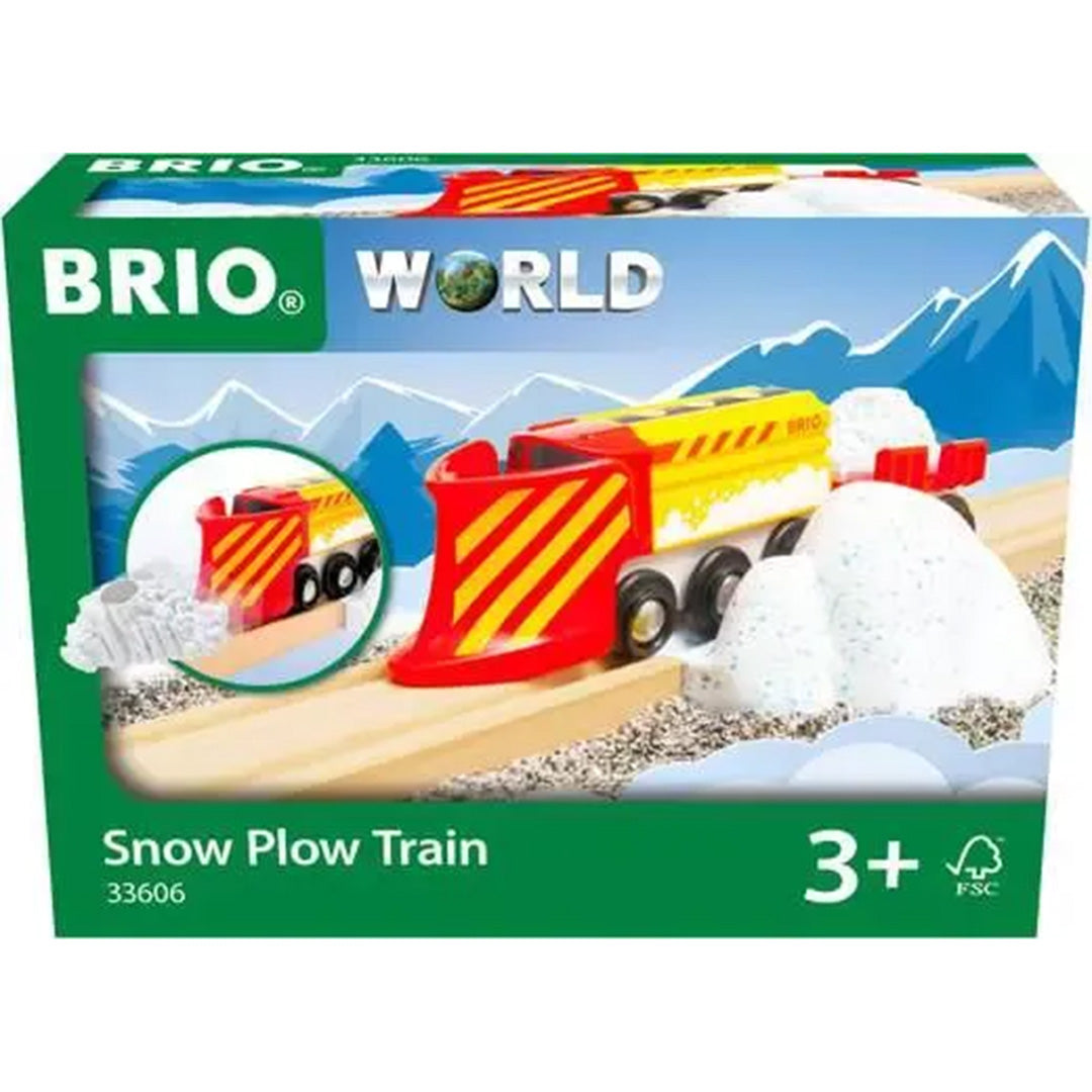 De verpakking van de Brio houten sneeuwschuivertrein met een afbeelding van de trein in een besneeuwd landschap.