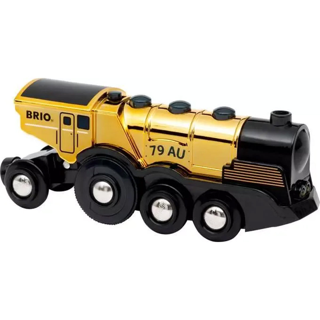 Brio gouden speelgoedlocomotief met zwarte wielen en dak.