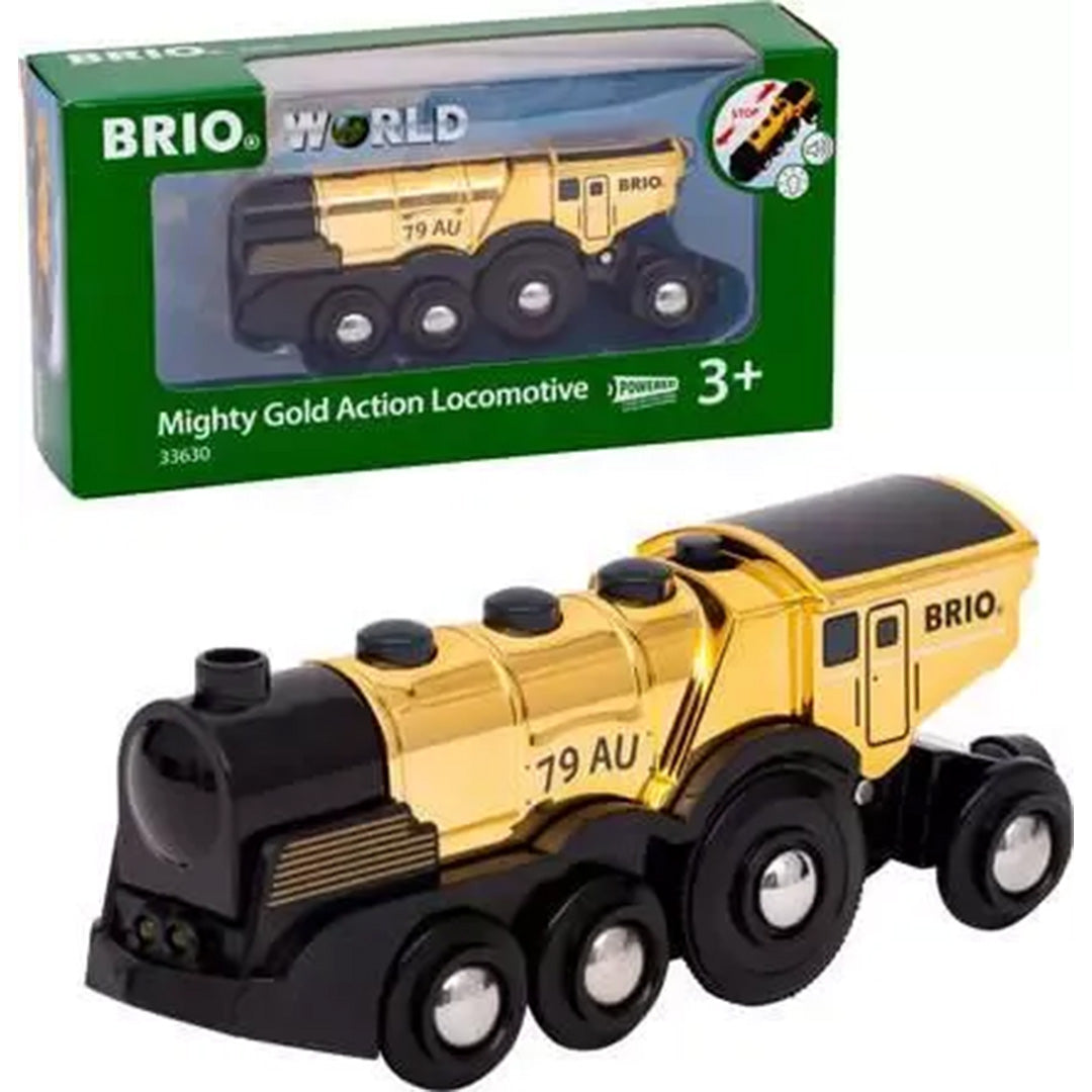 Brio gouden speelgoedlocomotief met de groene productverpakking.