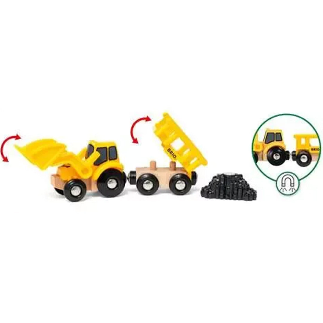 Twee Brio houten bouwvoertuigen, een shovel en een kiepwagen, met pijlen die hun bewegende delen tonen en een icoon voor magnetische verbindingen.