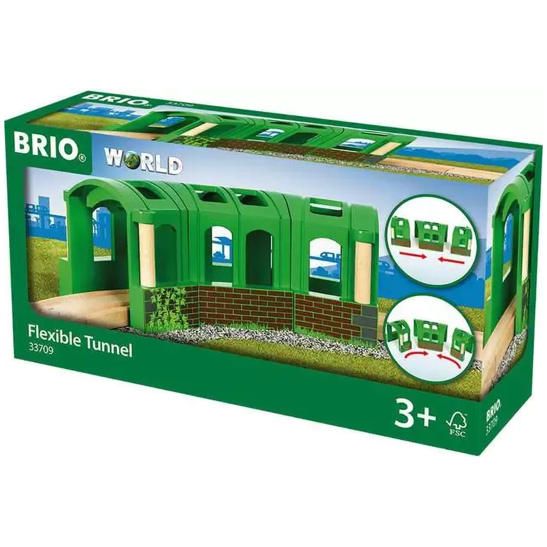 De verpakking van de Brio flexibele tunnel voor speelgoedtreinen.