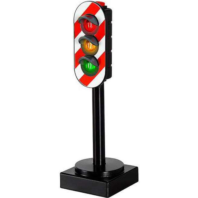 Brio stoplicht speelgoedaccessoire met rood, oranje en groen licht, en een rood-wit gestreepte paal.