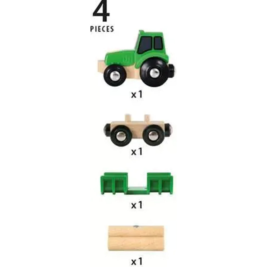 Infographic met de vier losse onderdelen van de houten speelgoedtractor met aanhanger.