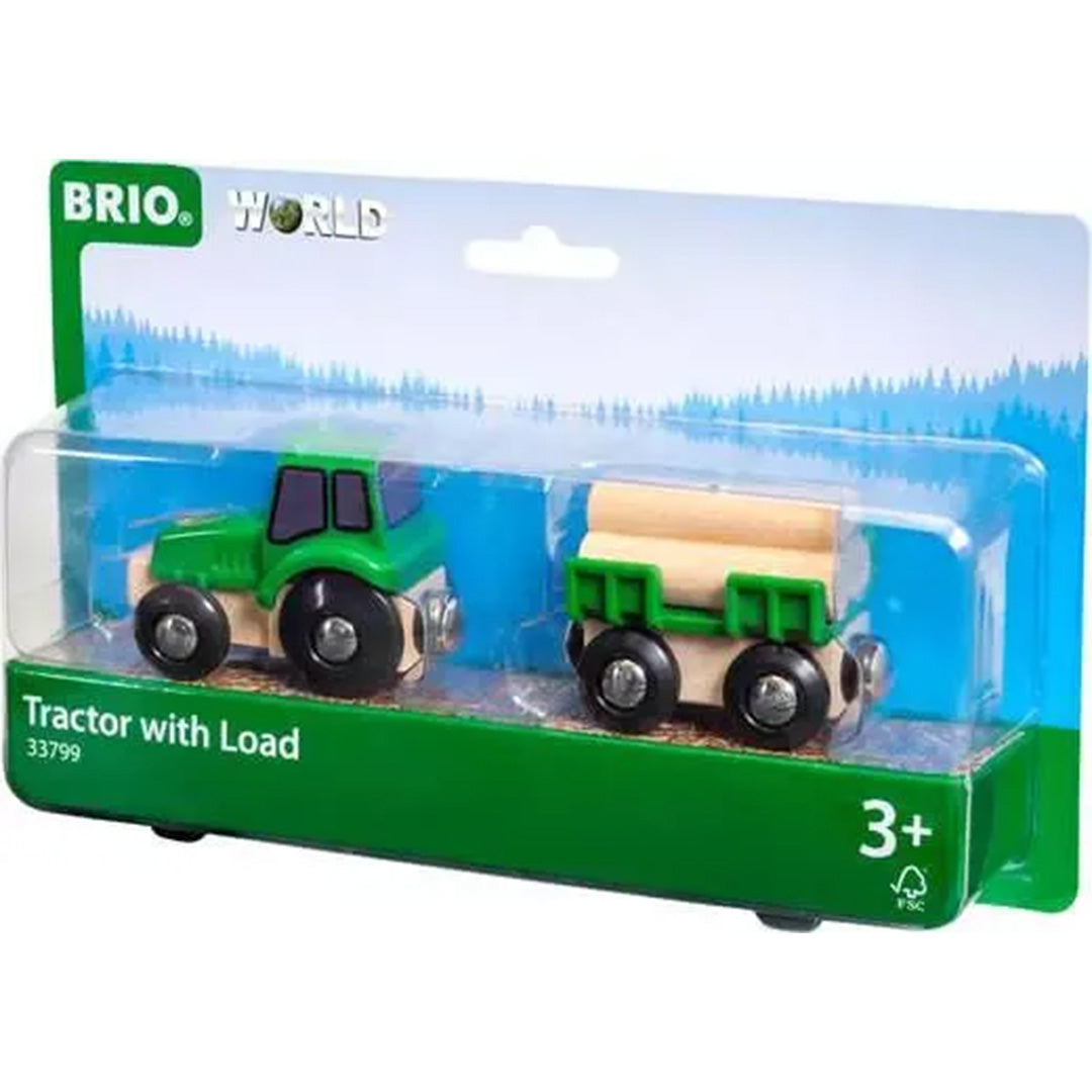 Verpakking van de Brio houten speelgoedtractor met aanhanger en boomstammen.