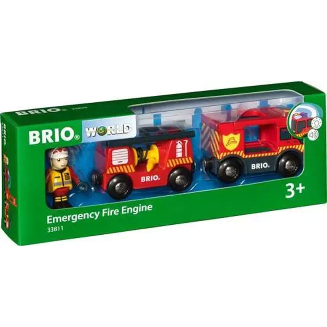 Verpakking van de Brio brandweer speelgoedset met twee voertuigen en een brandweerman.
