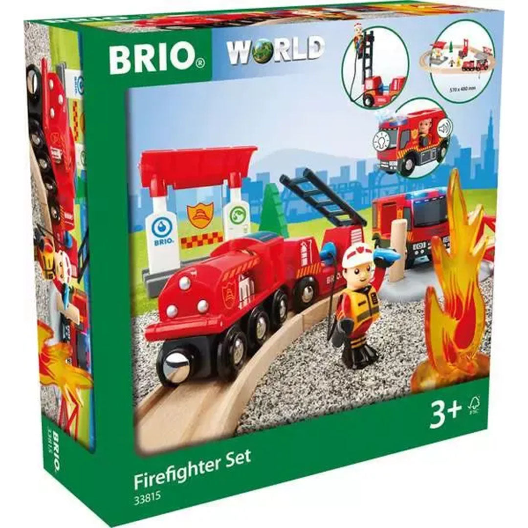 De zijkant van de Brio World Firefighter Set verpakking met een afbeelding van de brandweer treinbaan.