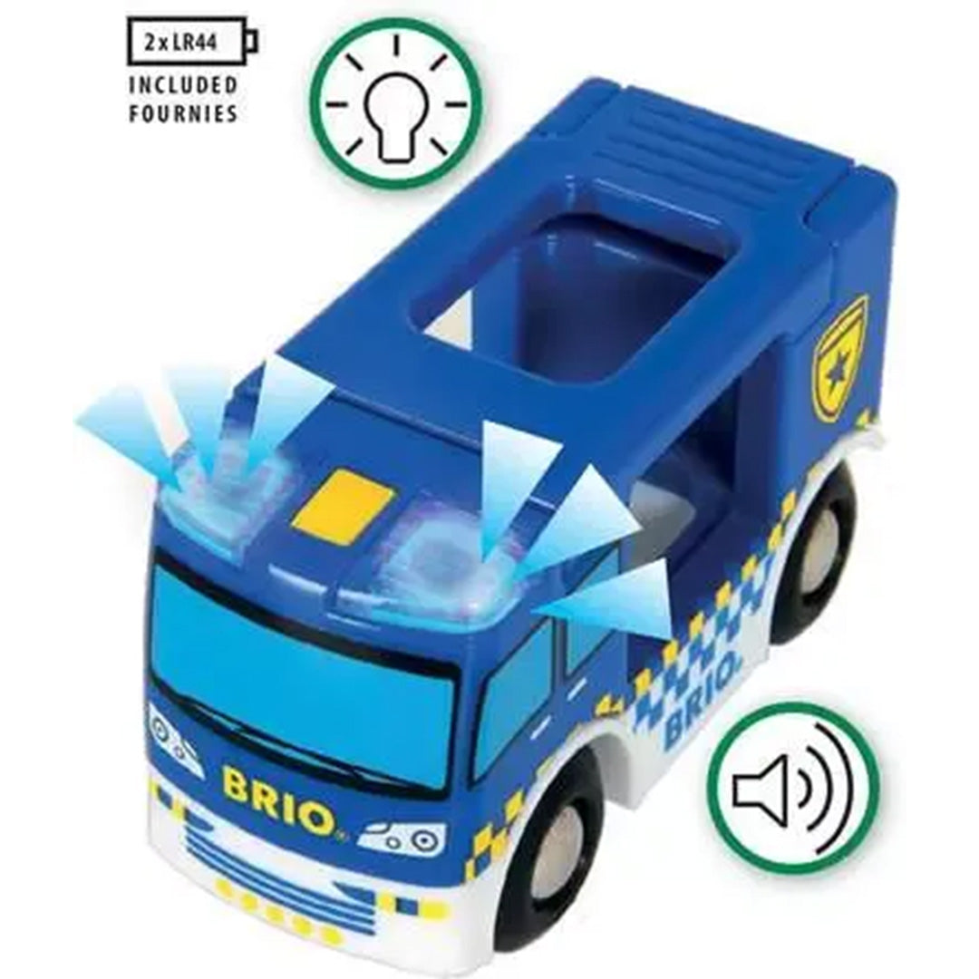 Brio politiebus speelgoedauto met knipperende lichten en geluidseffecten.