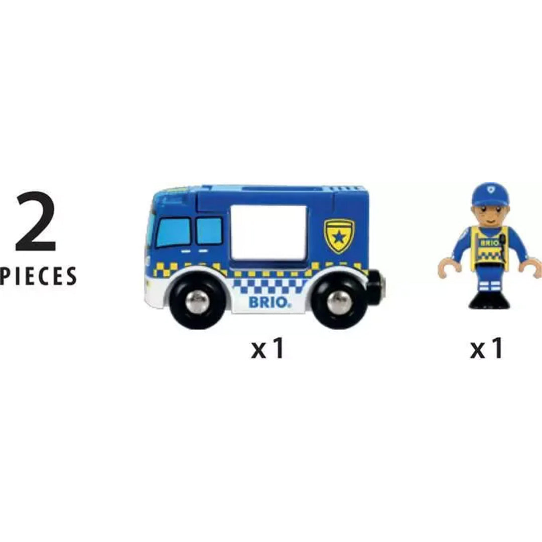 Infographic van de Brio politie speelgoedset met de politiebus en agent als losse onderdelen.