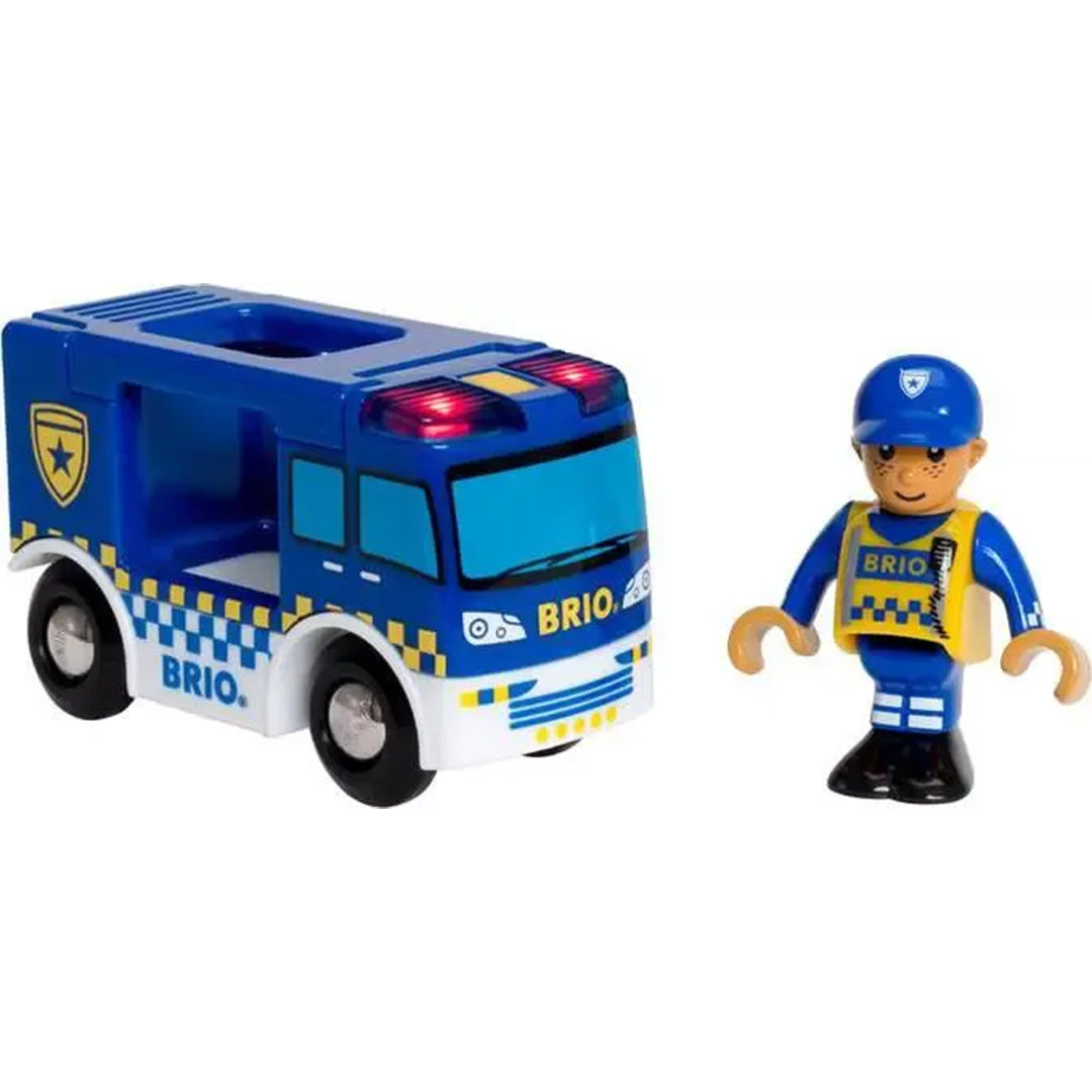 Brio politie speelgoedset met een blauwe politiebus en een politieagent.