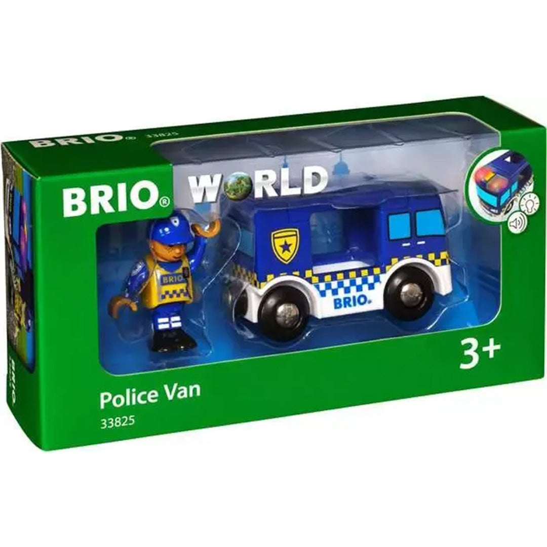 De verpakking van de Brio politiebus speelgoedset met agent.