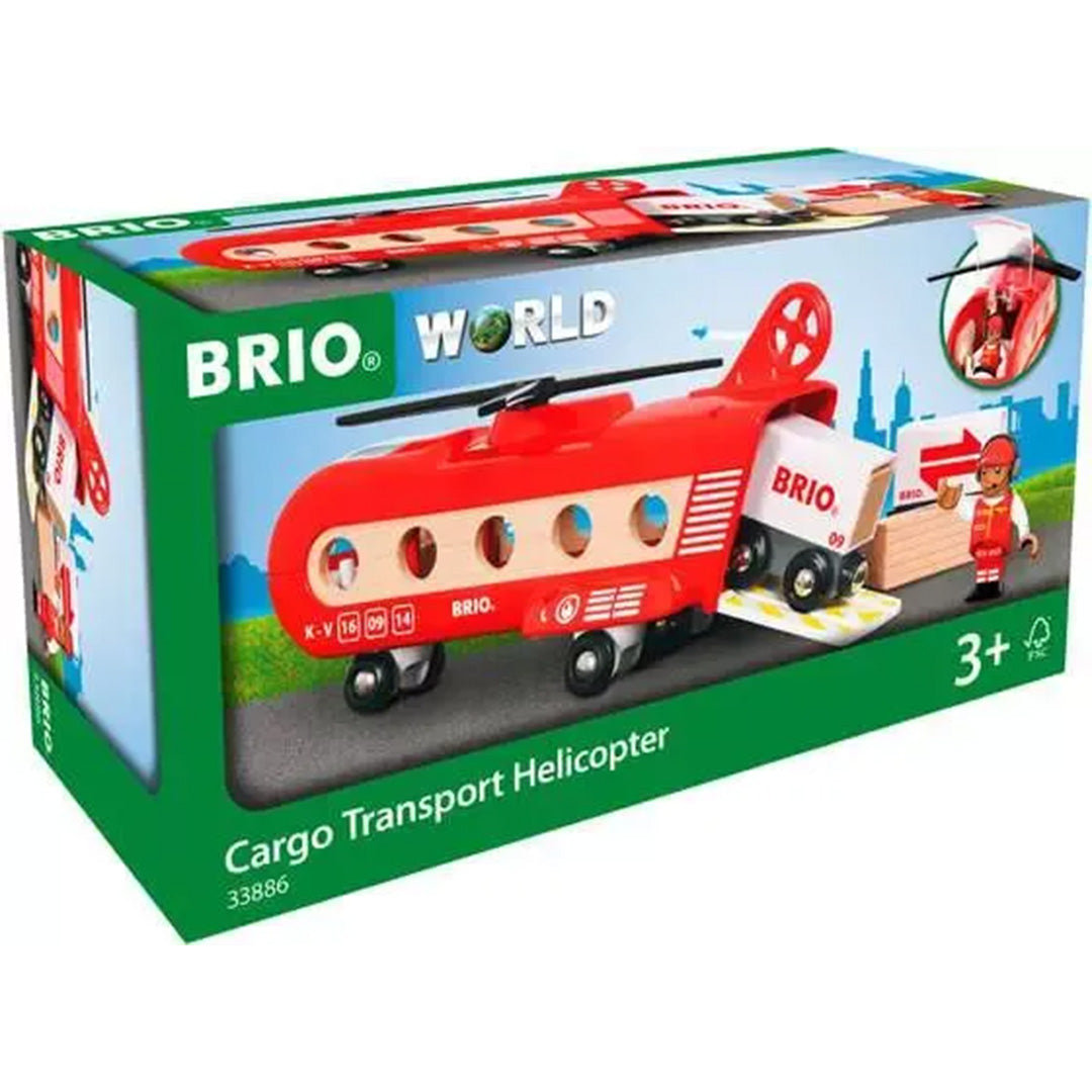 De verpakking van de Brio Cargo Transport Helicopter met een afbeelding van de helikopter en accessoires.