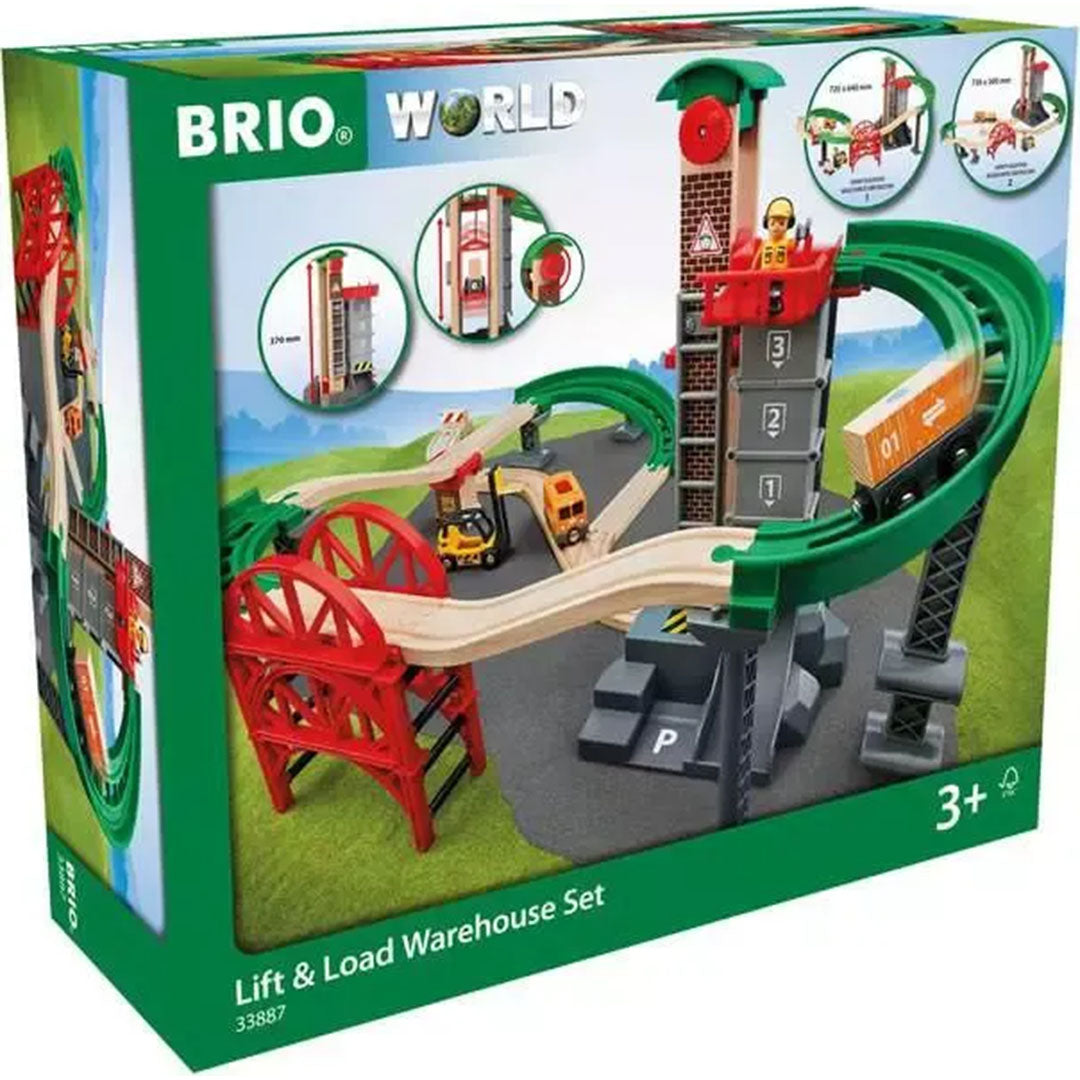 De verpakking van de Brio World houten treinbaan heffen en laden set, met afbeeldingen van de inhoud en kenmerken.