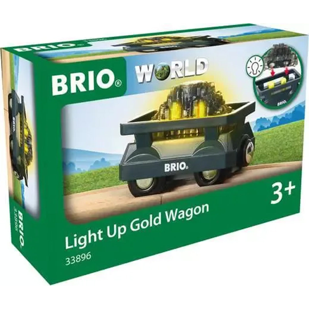 Verpakking van de Brio goudwagon met een afbeelding van de oplichtende wagon.