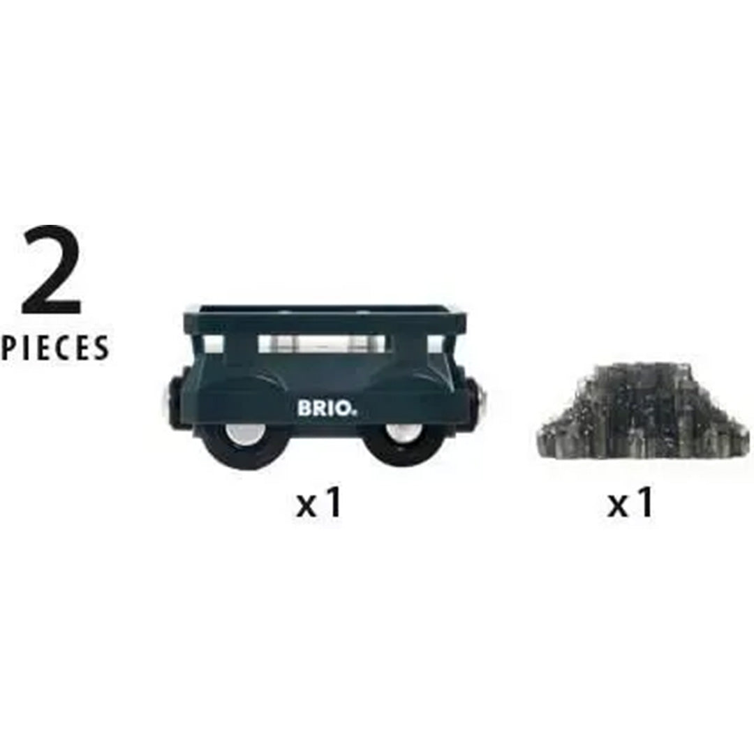 Infographic van de Brio goudwagon die de twee losse onderdelen toont.