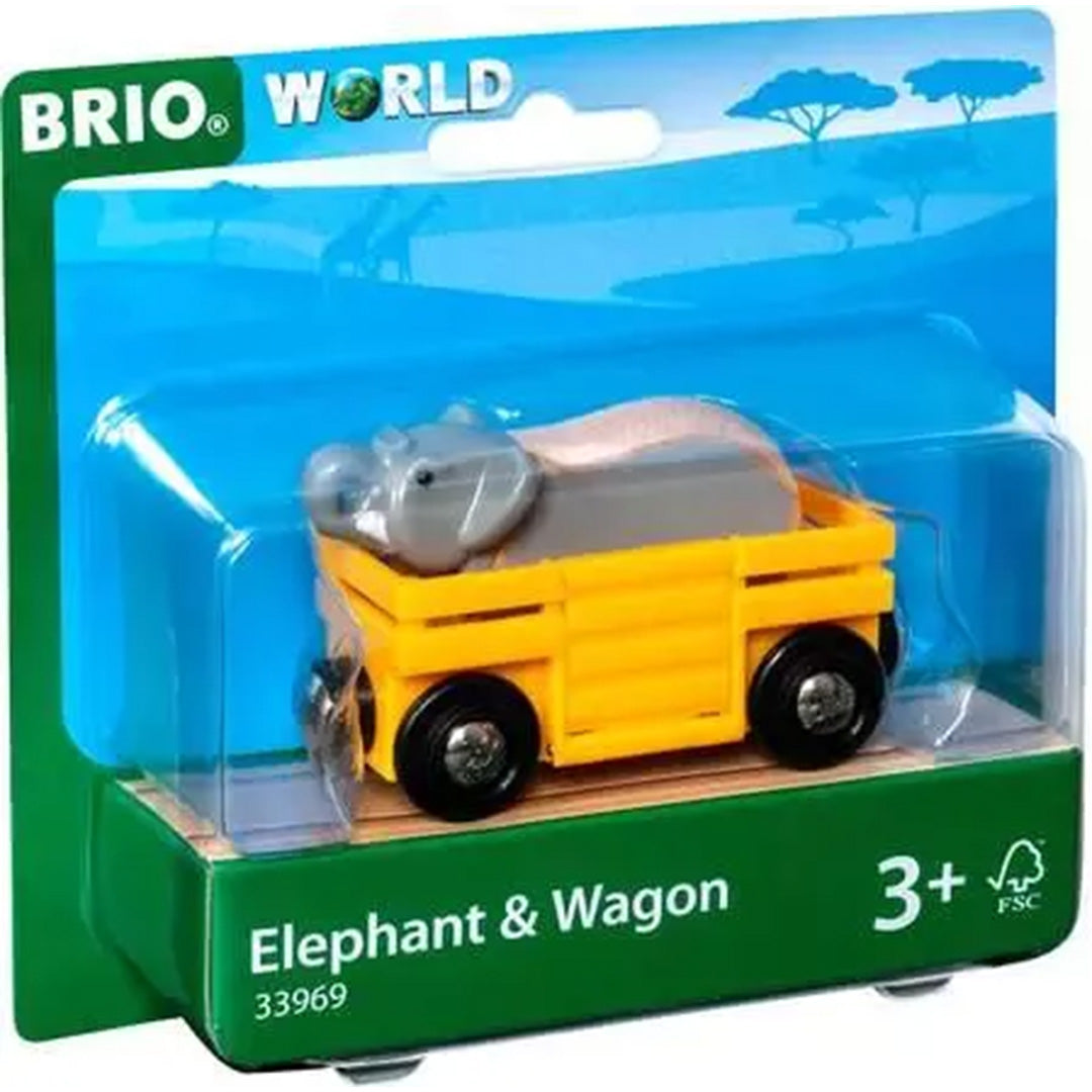 De verpakking van de Brio houten speelgoedwagon met olifant, met de tekst 'Elephant & Wagon'.