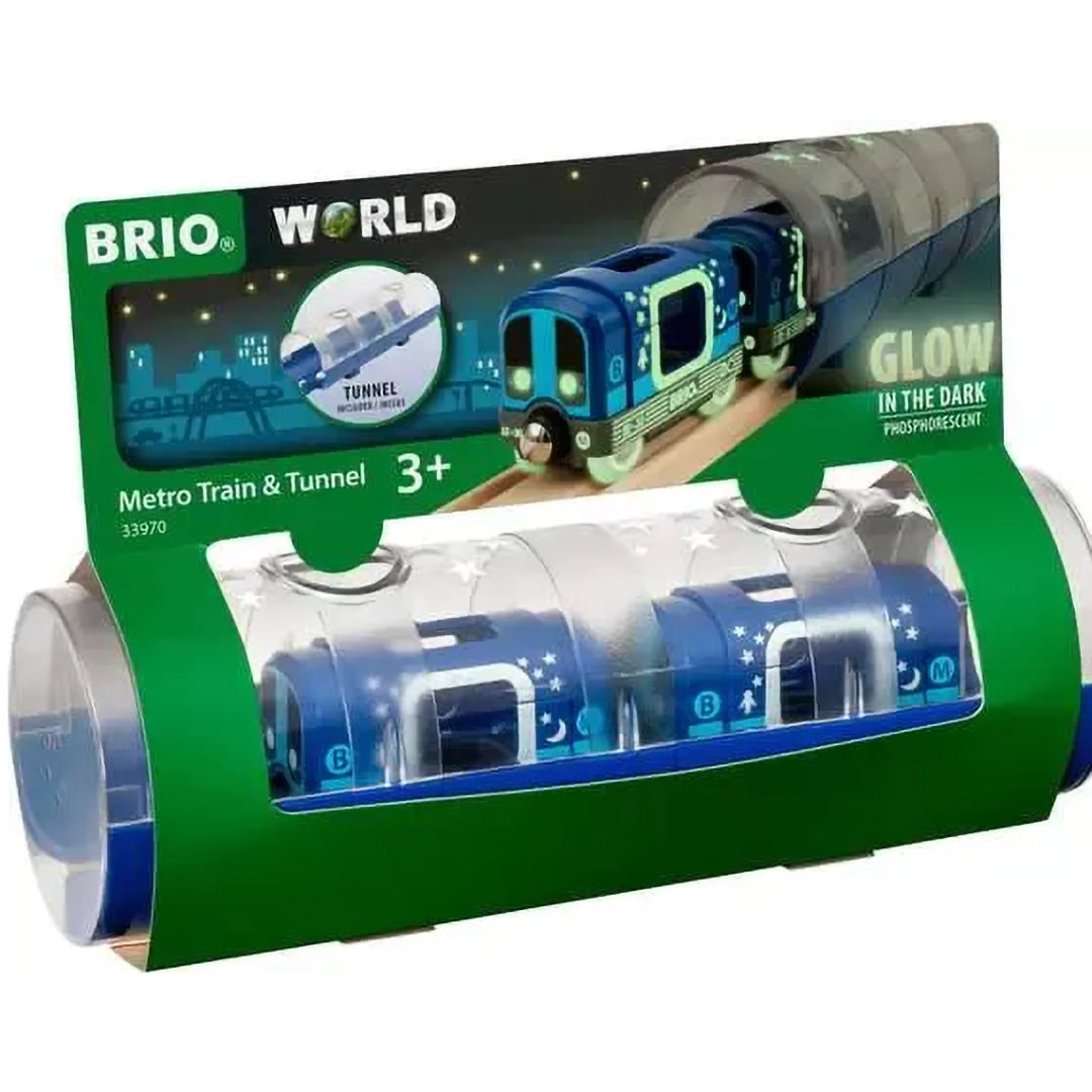 De verpakking van de Brio metrotrein en tunnel glow in the dark set.