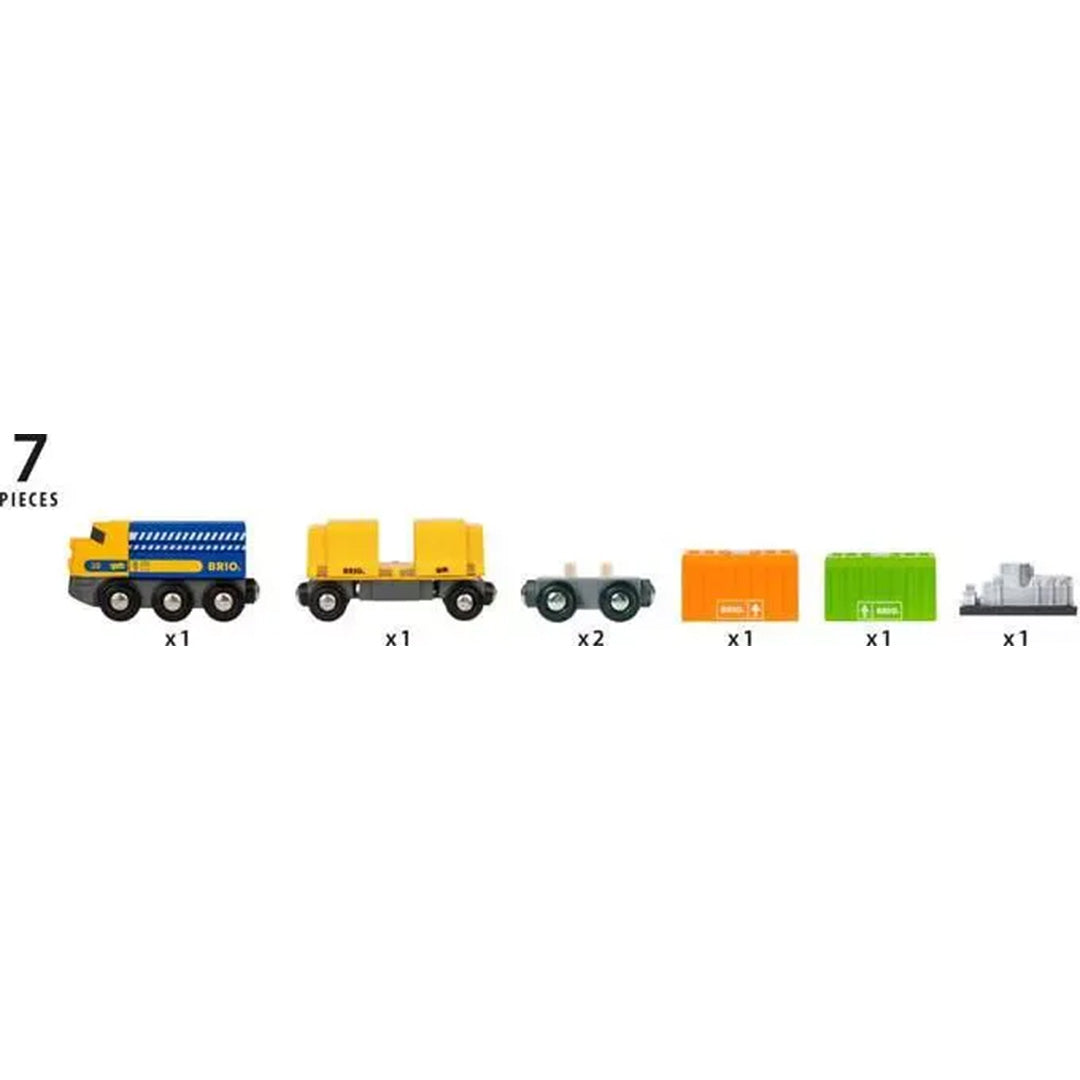 Infographic met alle 7 losse onderdelen van de Brio houten vrachttrein set, inclusief locomotief en diverse wagons en ladingen.