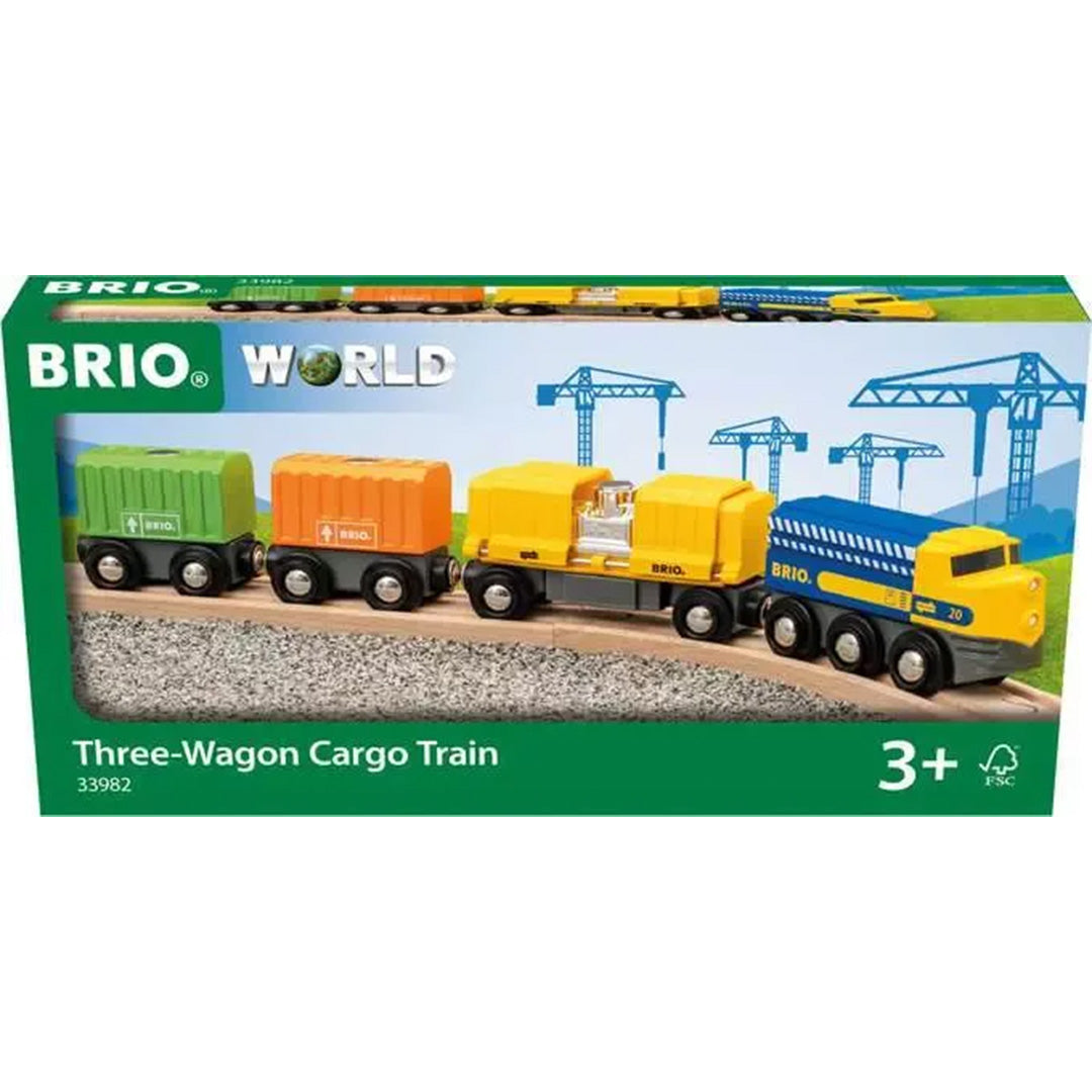 De verpakking van de Brio World houten vrachttrein met wagons, met de trein afgebeeld op de doos.