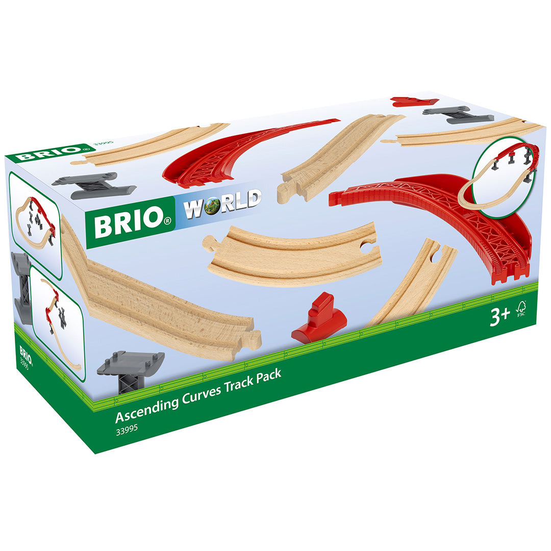 Verpakking van de Brio Ascending Curves Track Pack met afbeeldingen van de treinbaanonderdelen.
