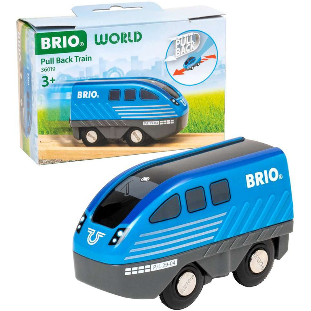 Brio blauwe pull-back speelgoedtrein met strepen, voor de verpakking.