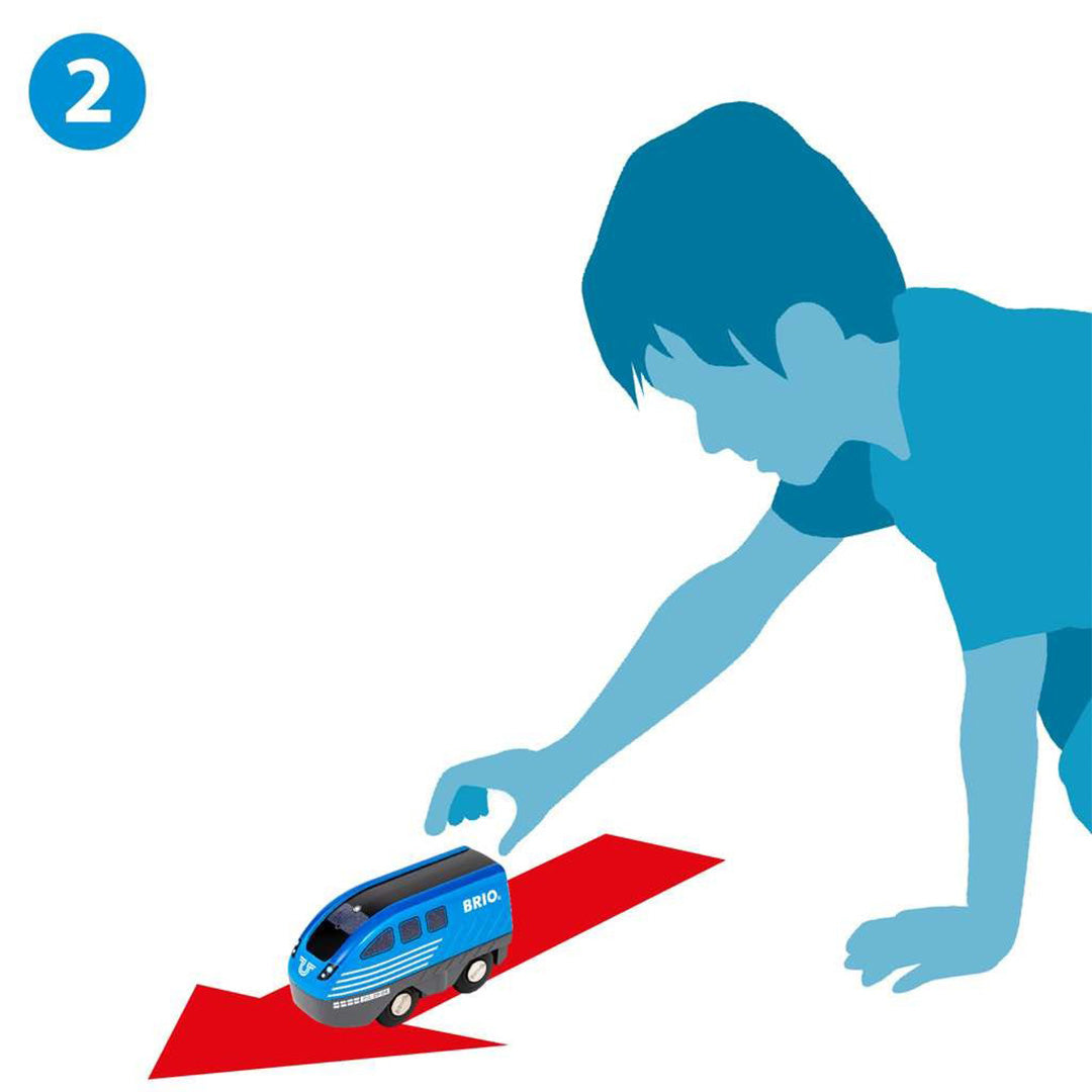 Infographic van een kind dat de Brio blauwe pull-back speelgoedtrein loslaat, die vooruit rijdt.