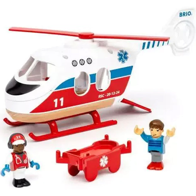 Brio reddingshelikopter speelgoedset met helikopter, brancard en twee figuren.