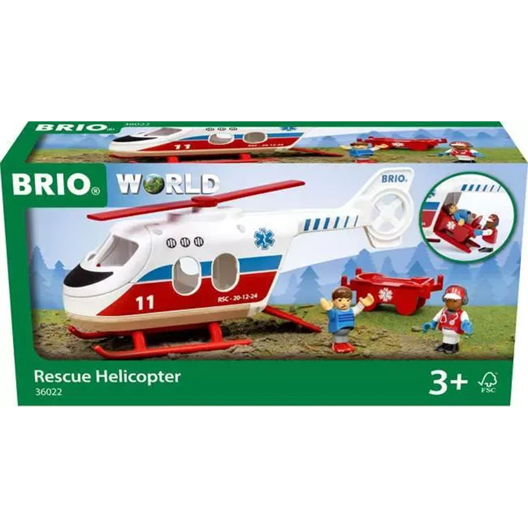 De verpakking van de Brio reddingshelikopter speelgoedset.