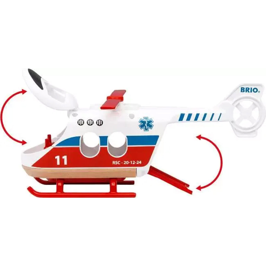 Zijaanzicht van de Brio reddingshelikopter met pijlen die de draaiende rotors aangeven.