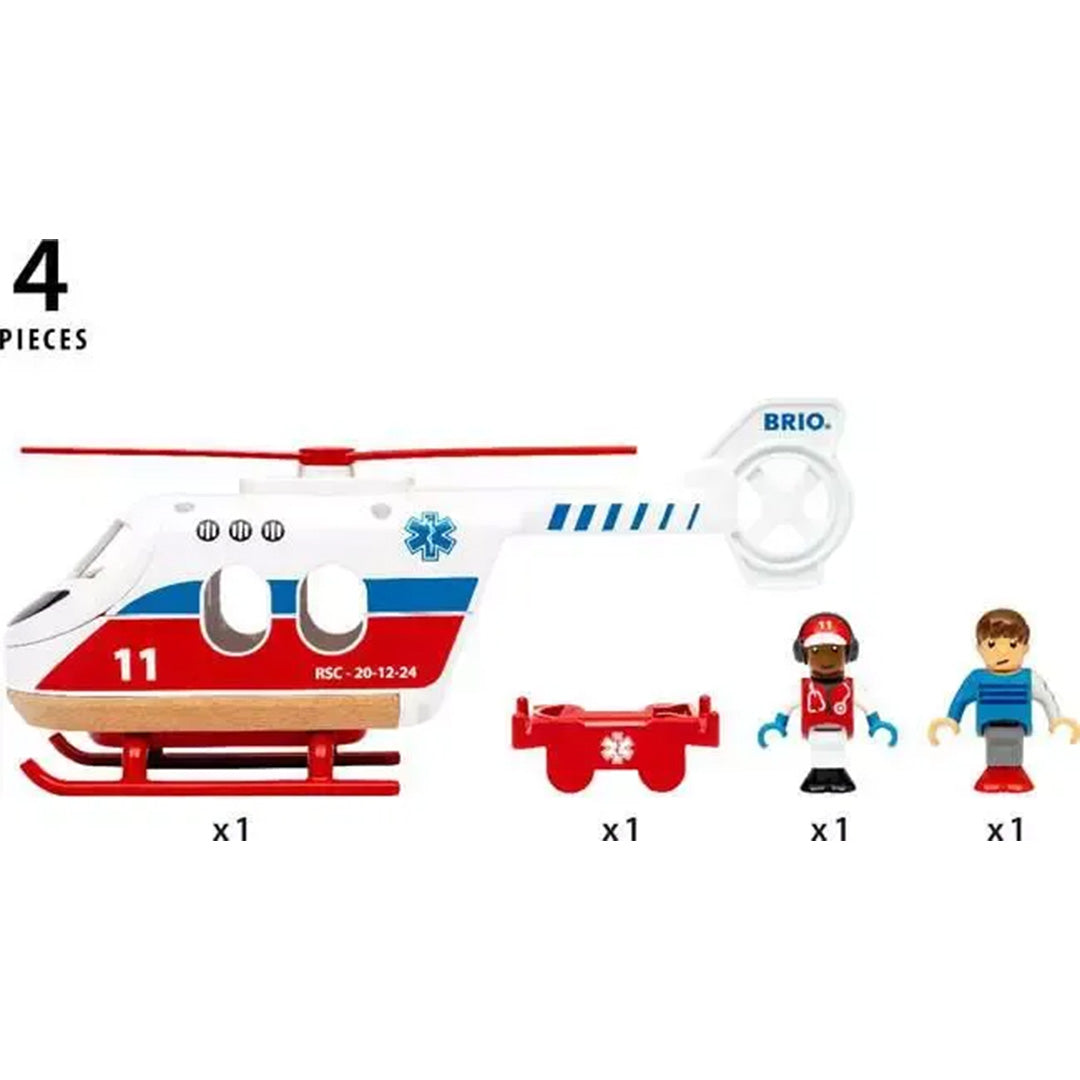 Infographic van de Brio reddingshelikopter speelgoedset met de vier onderdelen en aantallen.