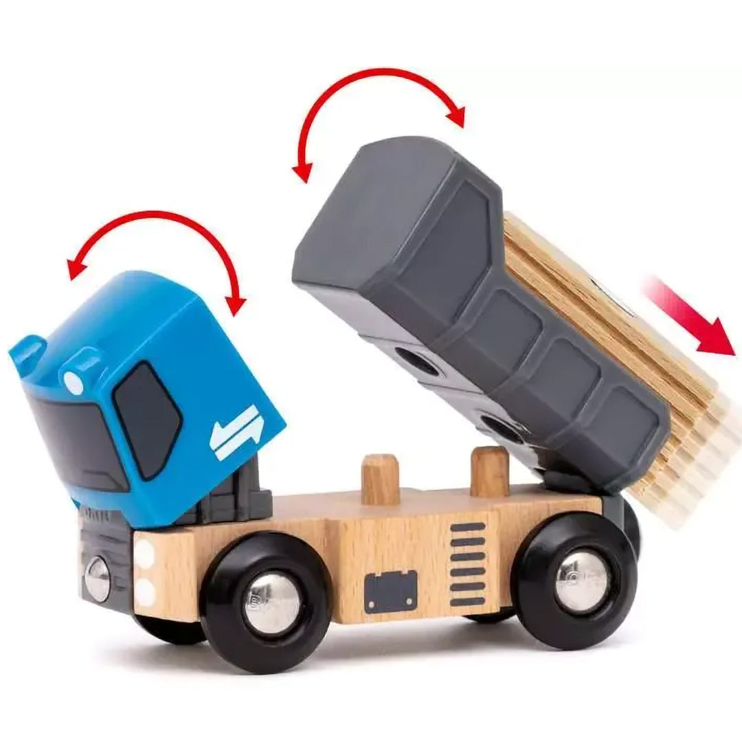 Detail van de blauwe Brio kiepwagen met kantelende cabine en kiepbak, met pijlen die de bewegingen tonen.