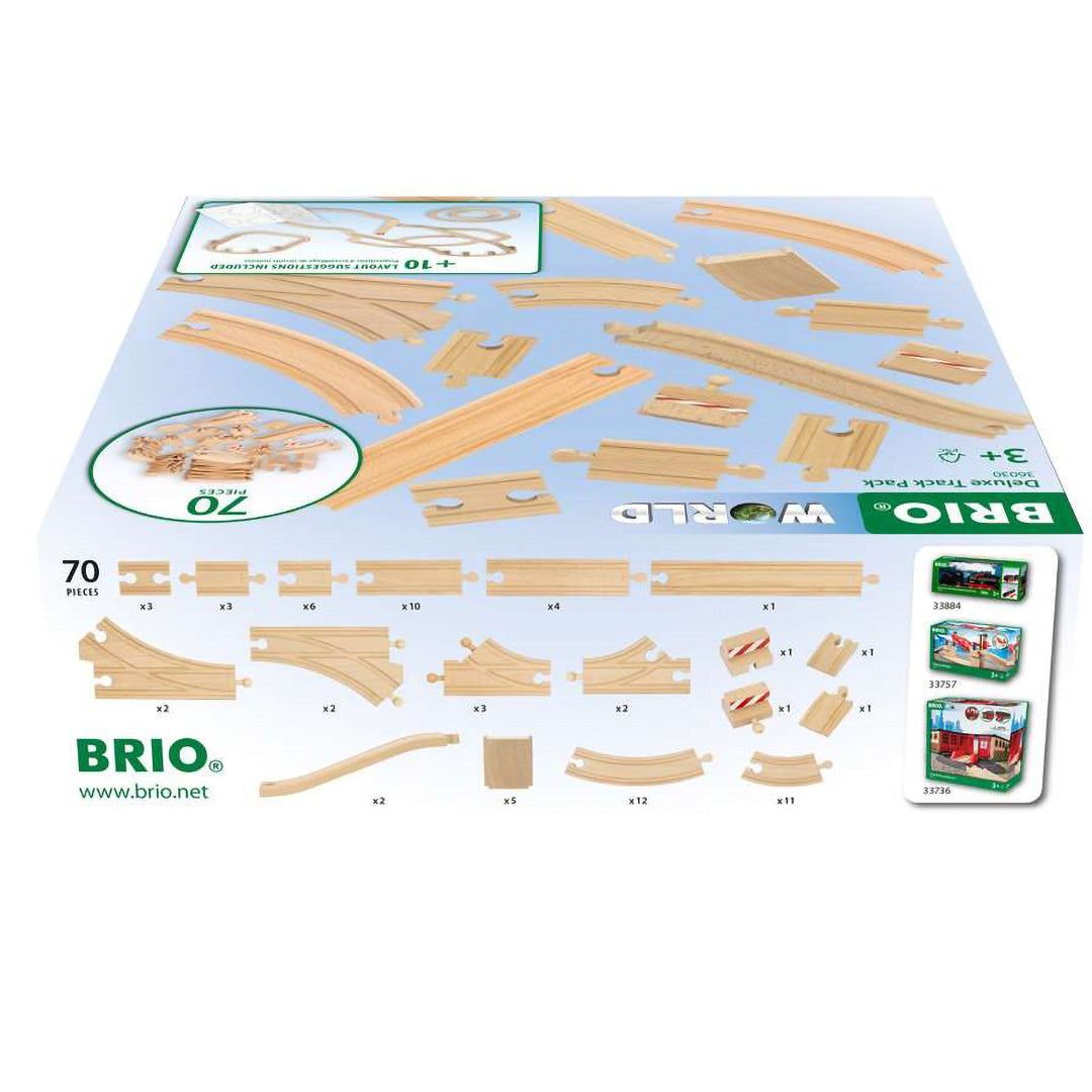 Brio Deluxe Track Pack verpakking met een bovenaanzicht van de houten treinrails en productinformatie.