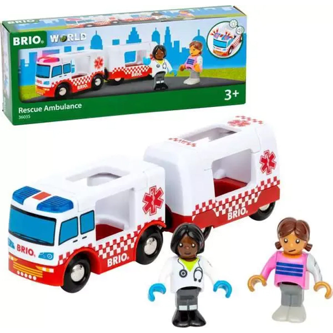 Brio speelgoedambulance set met twee voertuigen en twee figuren, getoond voor de productverpakking.