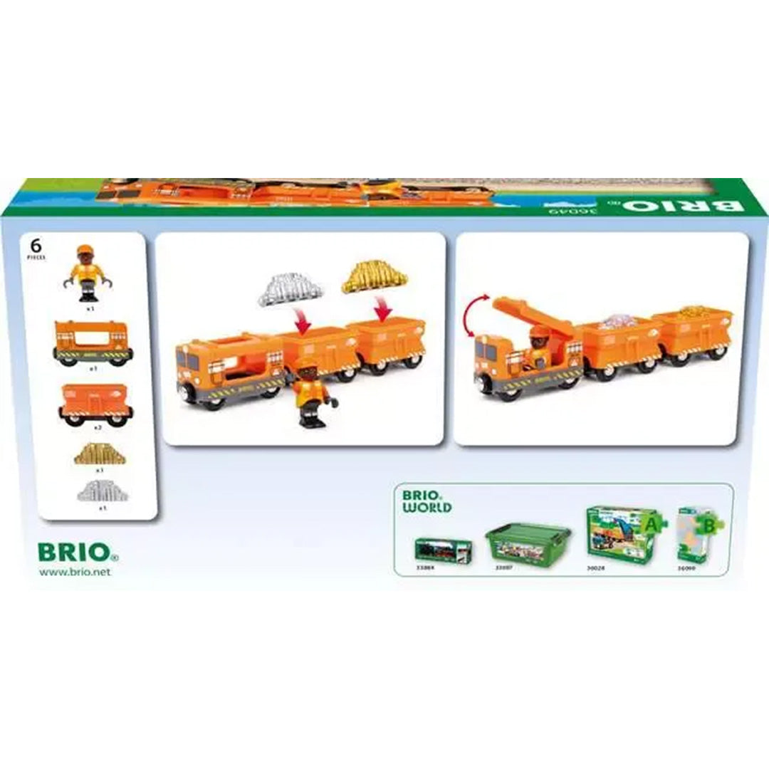 De achterkant van de Brio World Cargo Train speelgoedtrein verpakking met illustraties van de inhoud.