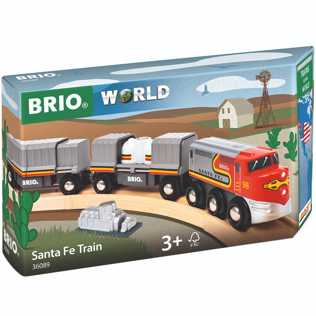 De productverpakking van de Brio Santa Fe speelgoedtrein, met een afbeelding van de trein in een woestijnlandschap.