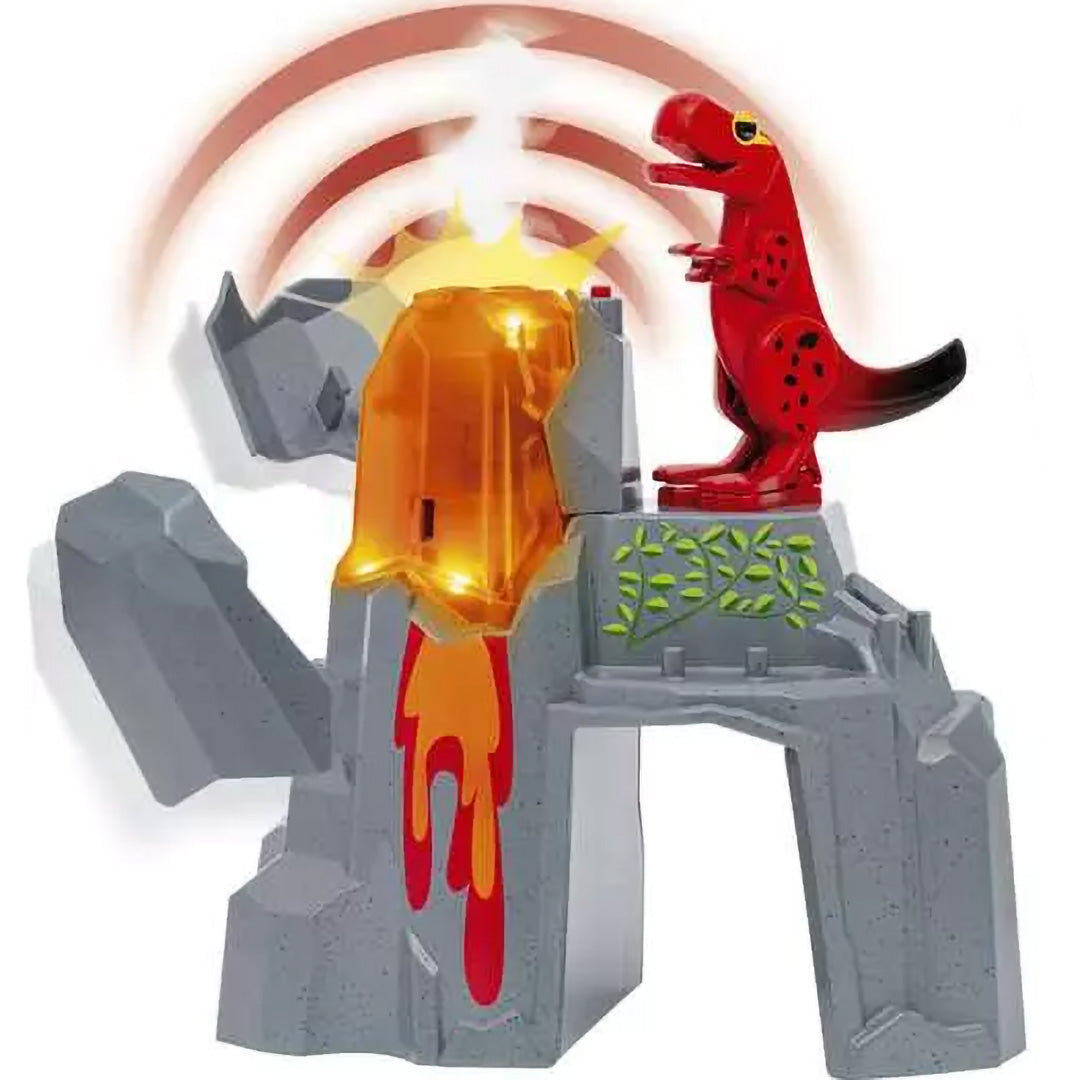 Brio dinosaurusspeelset met een rode dinosaurus op een oplichtende vulkaan.