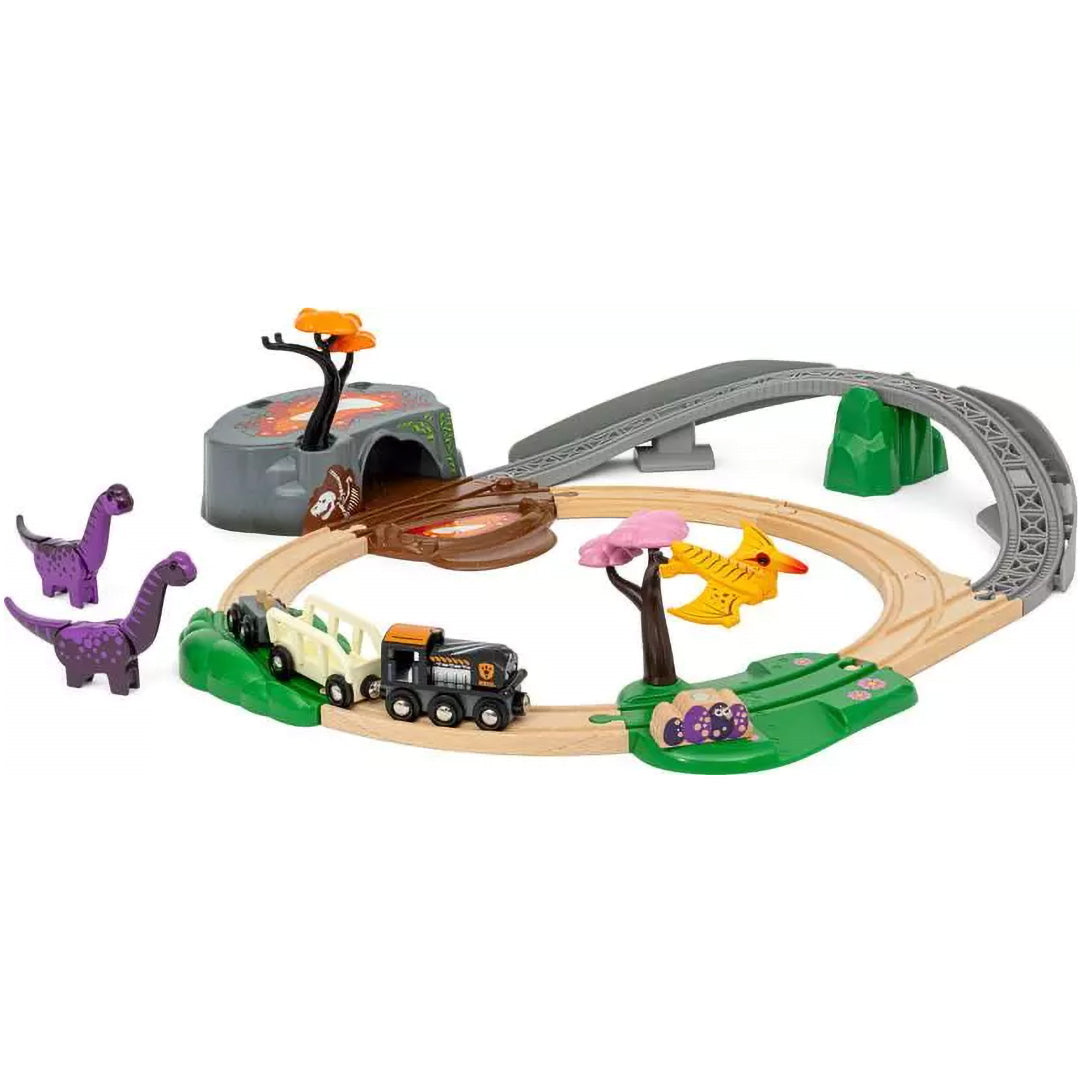 Brio dinosaurus treinset met houten rails, een trein, twee paarse dinosaurussen en een tunnel.