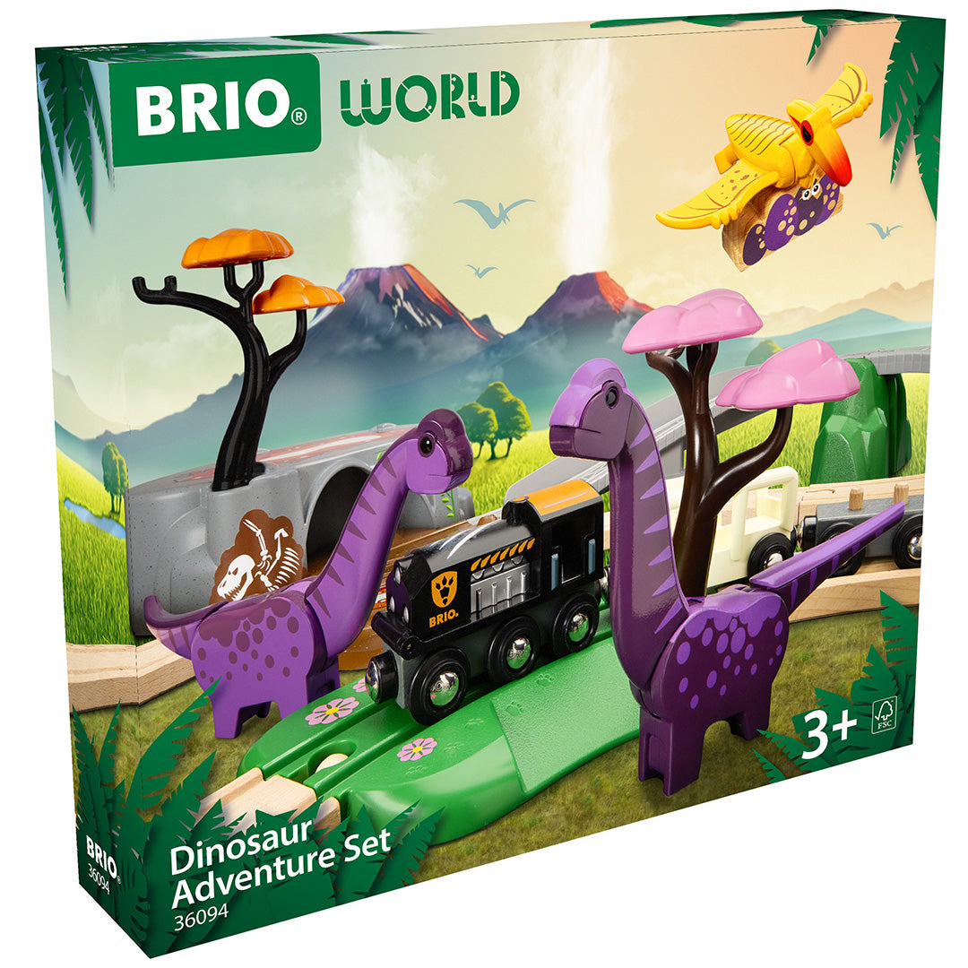 Verpakking van de Brio Dinosaur Adventure Set met de dinosaurus treinset afgebeeld.