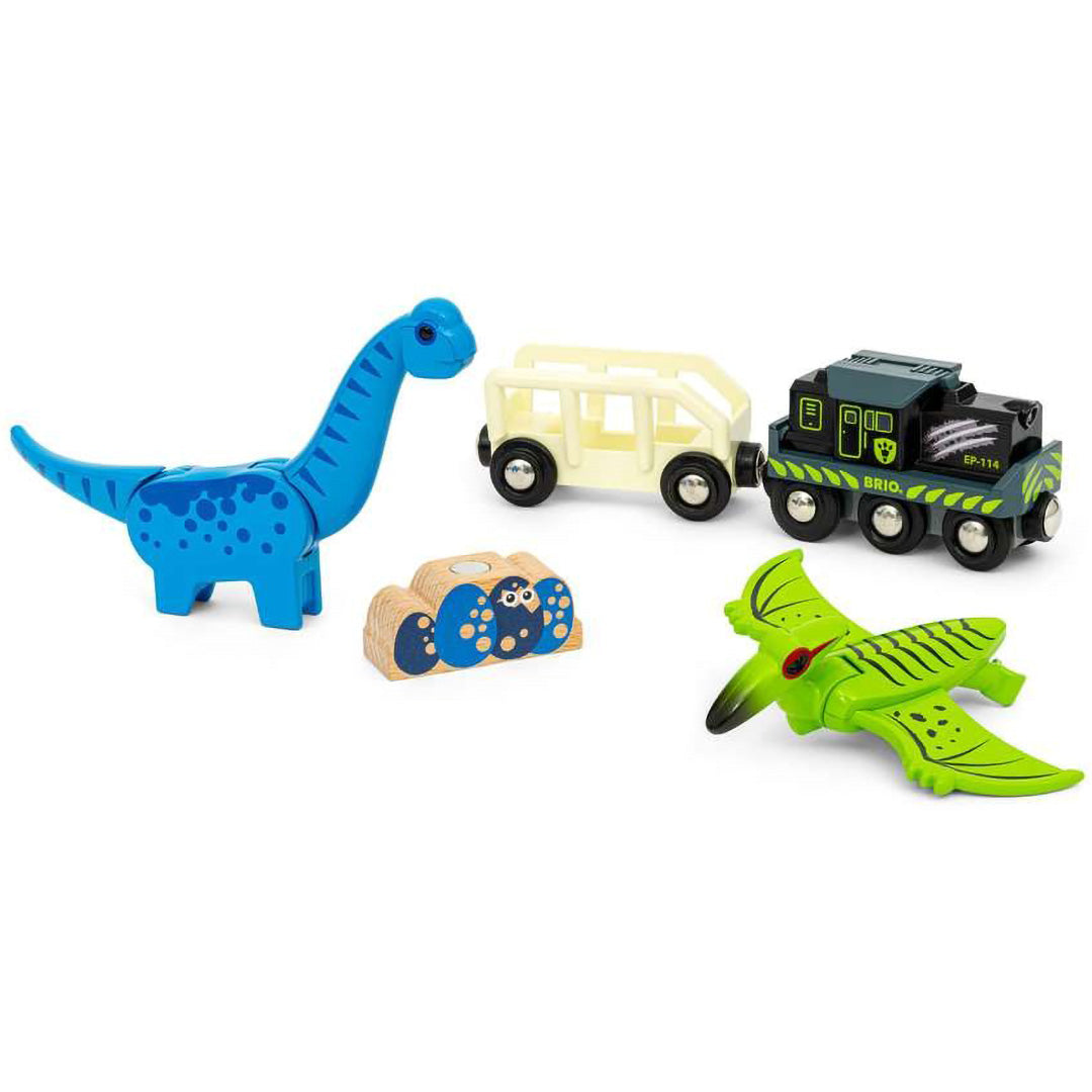 Brio dinosaurus speelgoedtrein set met blauwe dinosaurus, groene pterodactyl, houten blok en trein met wagon.