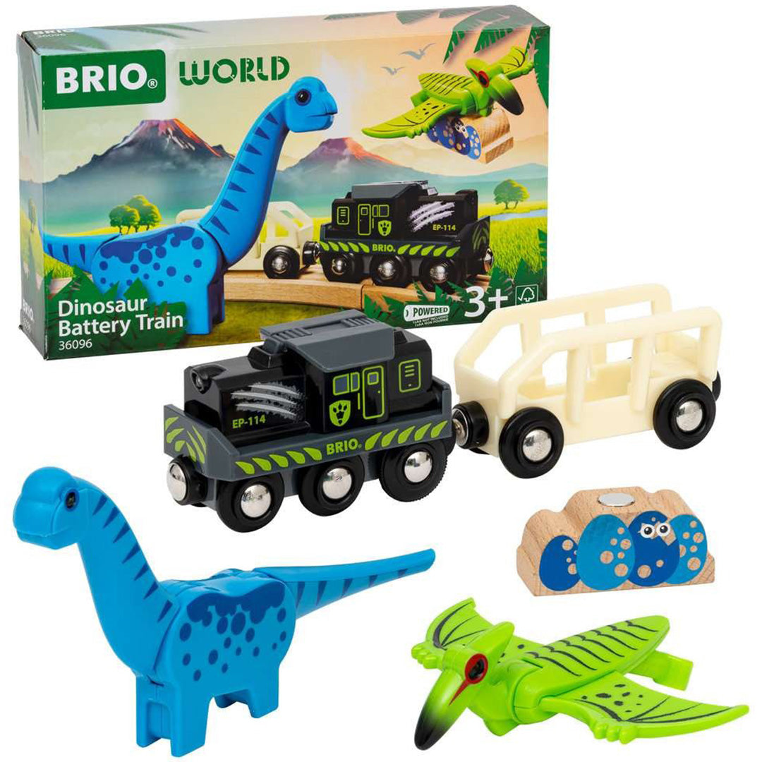 Brio dinosaurus speelgoedtrein set met figuren en de productverpakking op de achtergrond.