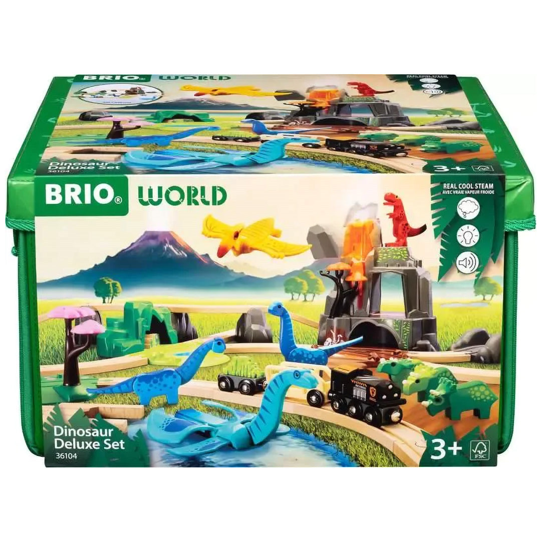 De verpakking van de Brio World Dinosaur Deluxe Set, een groene opbergdoos met een afbeelding van de dinosaurus treinbaan.