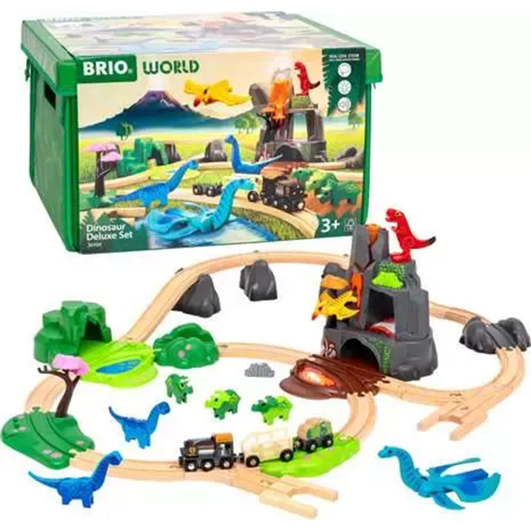 Brio dinosaurus treinbaan speelset met houten rails, tunnel, dinosaurusfiguren en een trein, met de verpakking op de achtergrond.