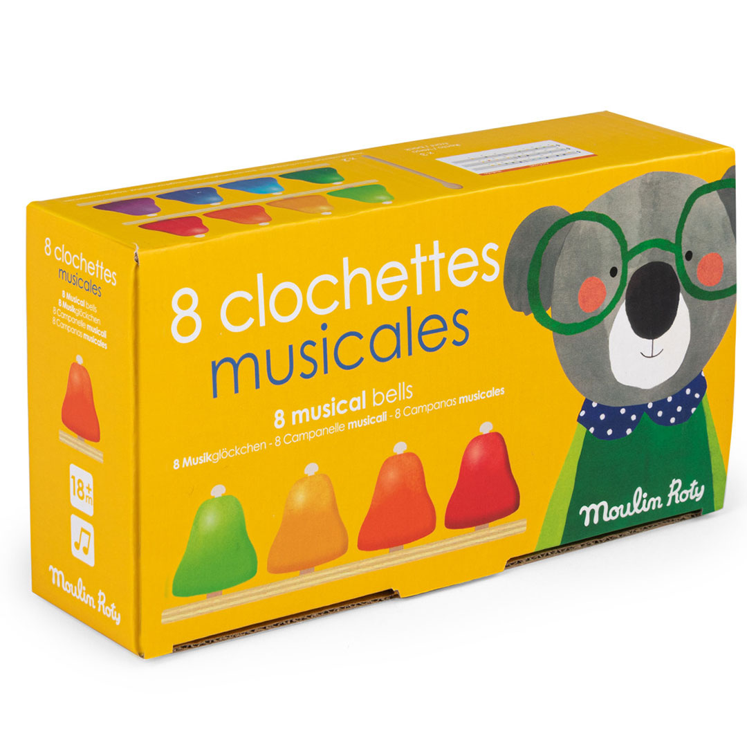 De gele verpakking van de Moulin Roty muzikale bellen met een koala-illustratie.