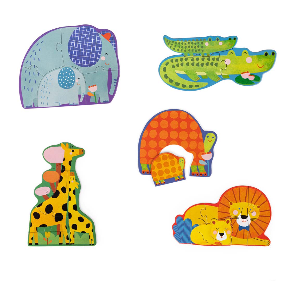 Vijf Moulin Roty dieren legpuzzels van een olifant, krokodil, giraffe, schildpad en leeuw.