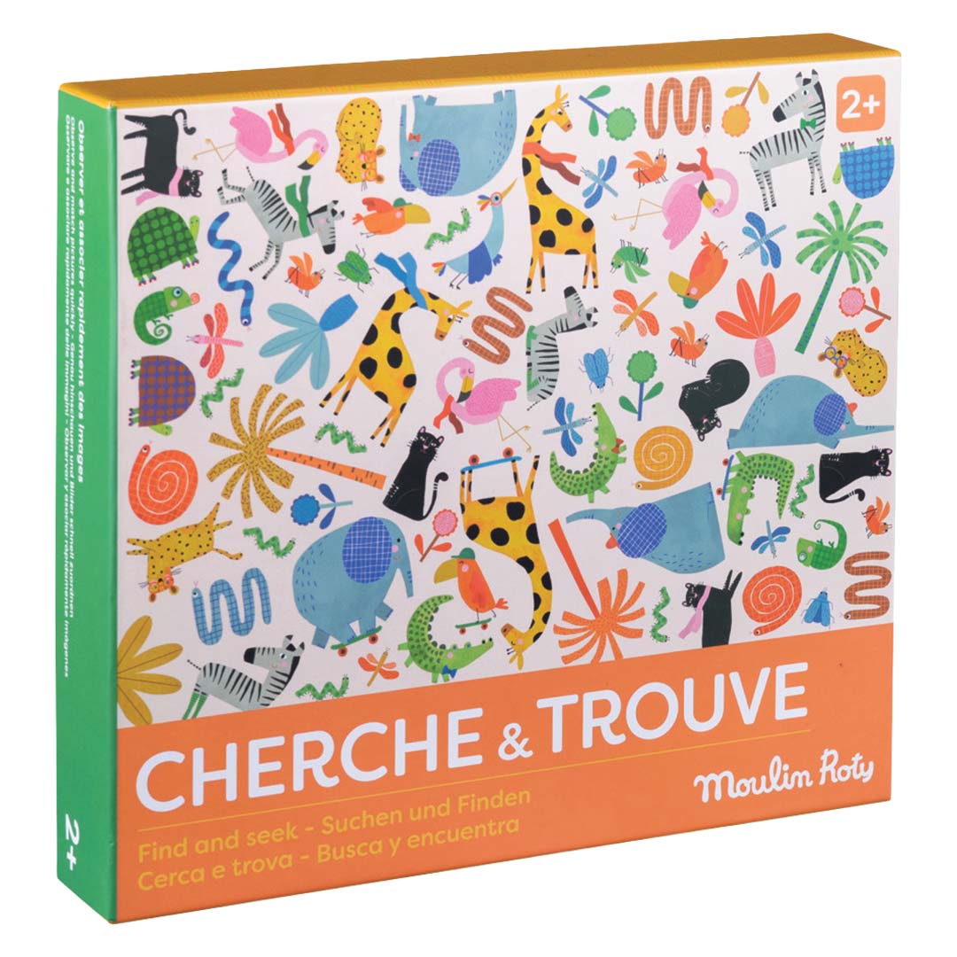 Moulin Roty Cherche & Trouve bordspelverpakking met kleurrijke dierenillustraties.