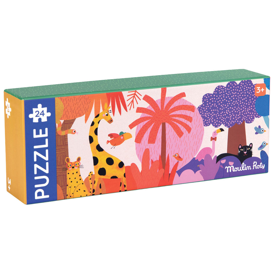 Moulin Roty puzzelverpakking met kleurrijke illustraties van jungle dieren en planten.
