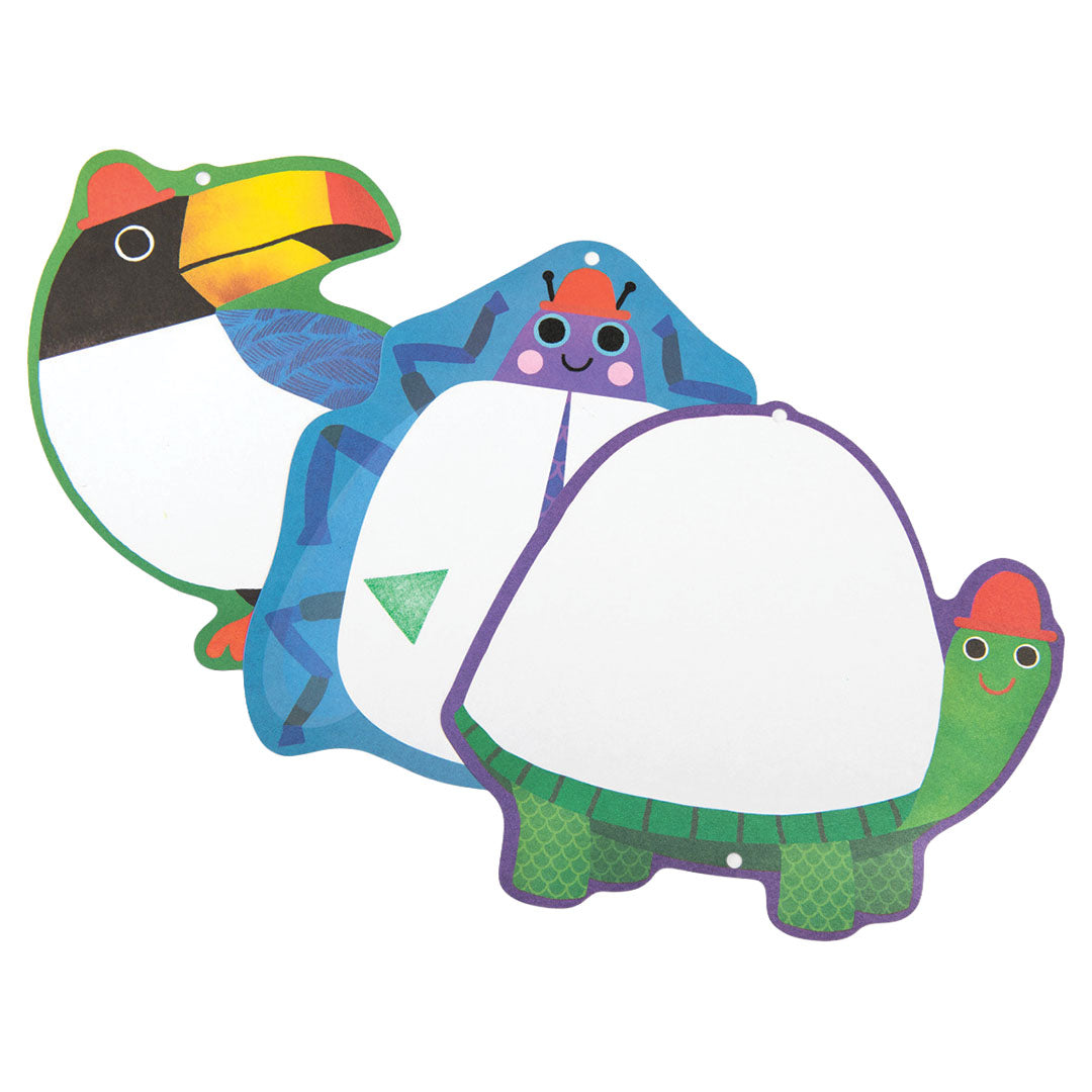 Drie blanco knutselkaarten in de vorm van een toekan, kever en schildpad.