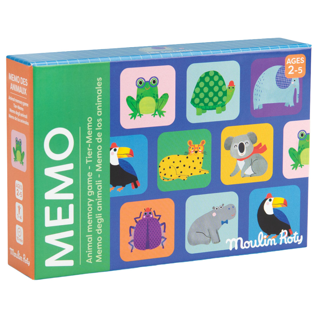 Moulin Roty memorie spelverpakking met diverse dierenafbeeldingen.