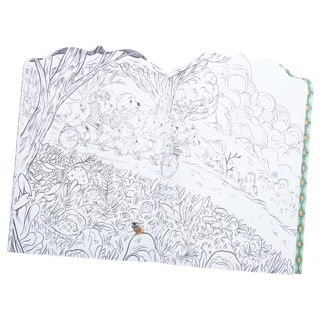 Een open pagina van het kleurboek met een zwart-wit tekening van dieren die fietsen in een bos.