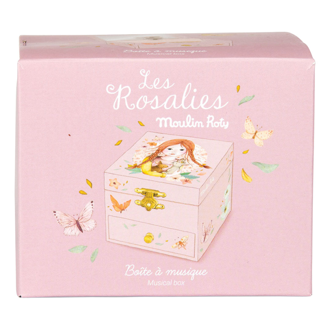 Verpakking van de Moulin Roty roze muzieksieradendoos met de tekst 'Les Rosales' en een illustratie van het product.