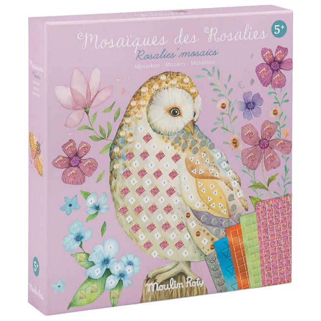 Moulin Roty mozaïekstickerset verpakking met een uil van mozaïek en bloemen.